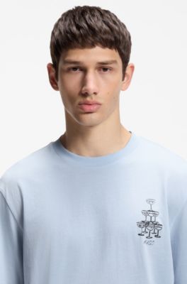 Camiseta de punto de algod&oacute;n con ilustraci&oacute;n estampada, Celeste