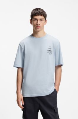 Camiseta de punto de algod&oacute;n con ilustraci&oacute;n estampada, Celeste