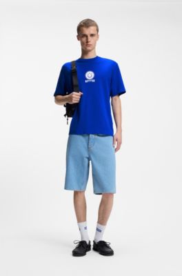 Cotton-jersey T-shirt with Happy HUGO artwork, Light Blue