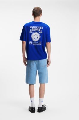 Cotton-jersey T-shirt with Happy HUGO artwork, Light Blue