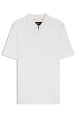 Cotton-silk polo shirt with zip neck, White