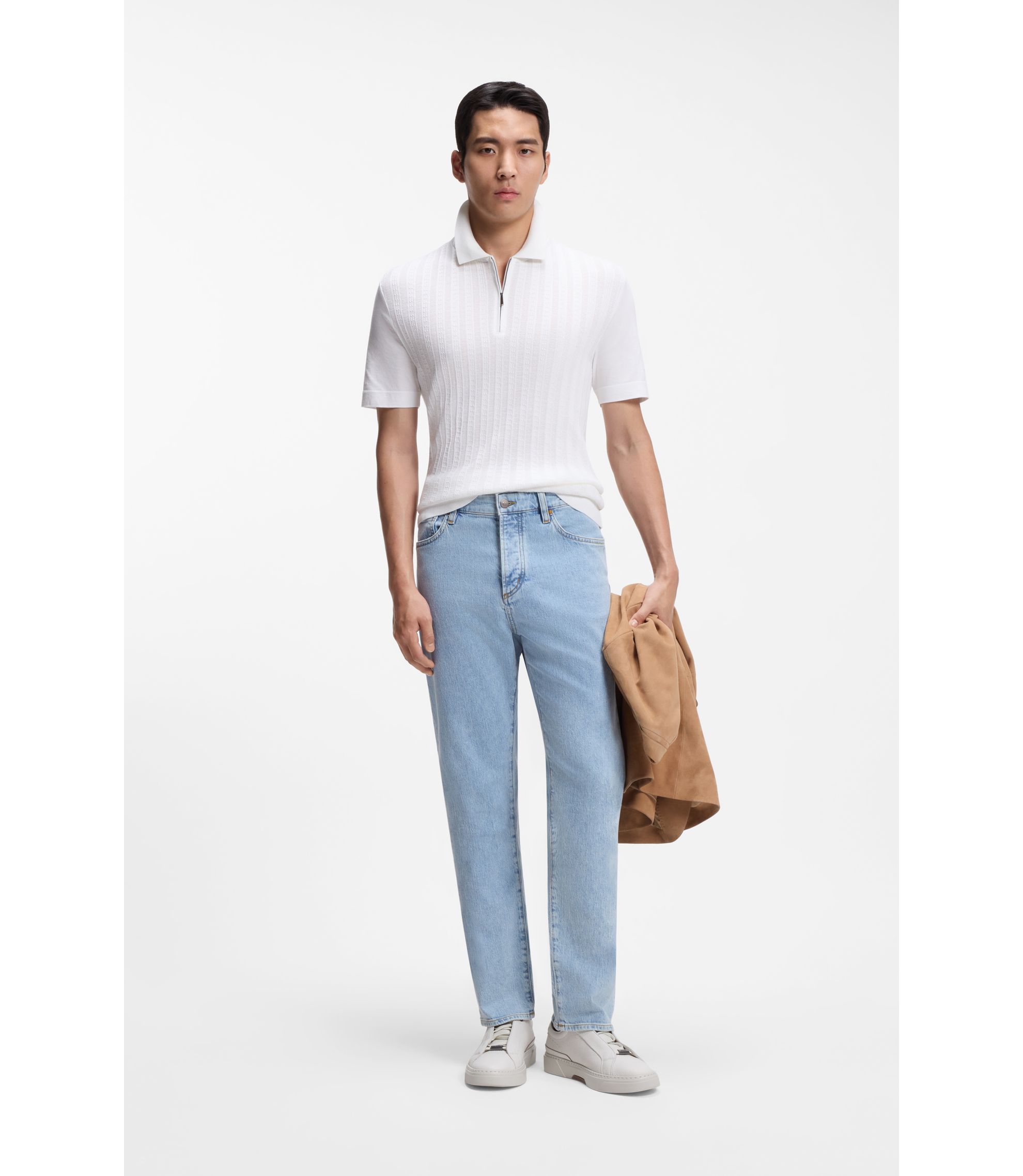 BOSS - Cotton-silk polo shirt with zip neck - White