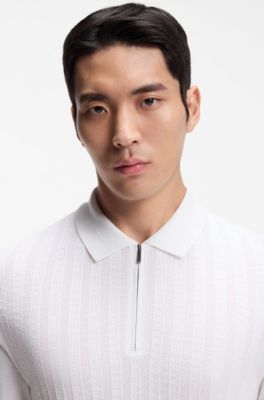Cotton-silk polo shirt with zip neck, White