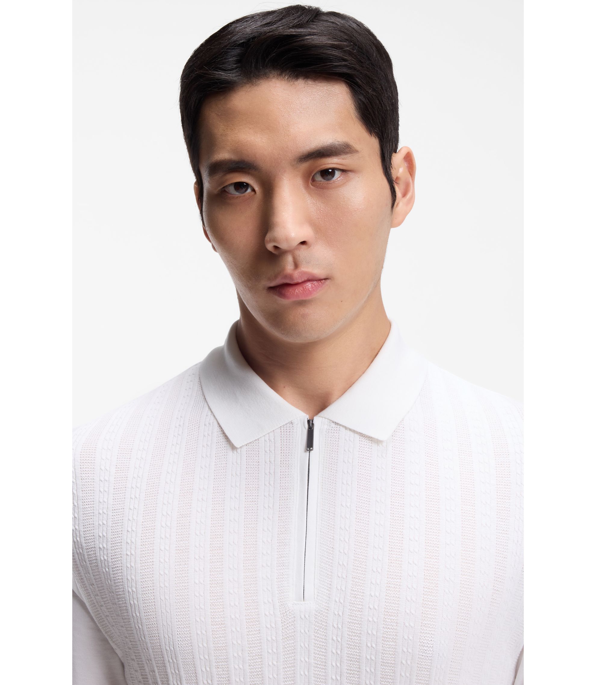 BOSS - Cotton-silk polo shirt with zip neck - White