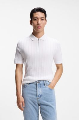 Cotton-silk polo shirt with zip neck, White