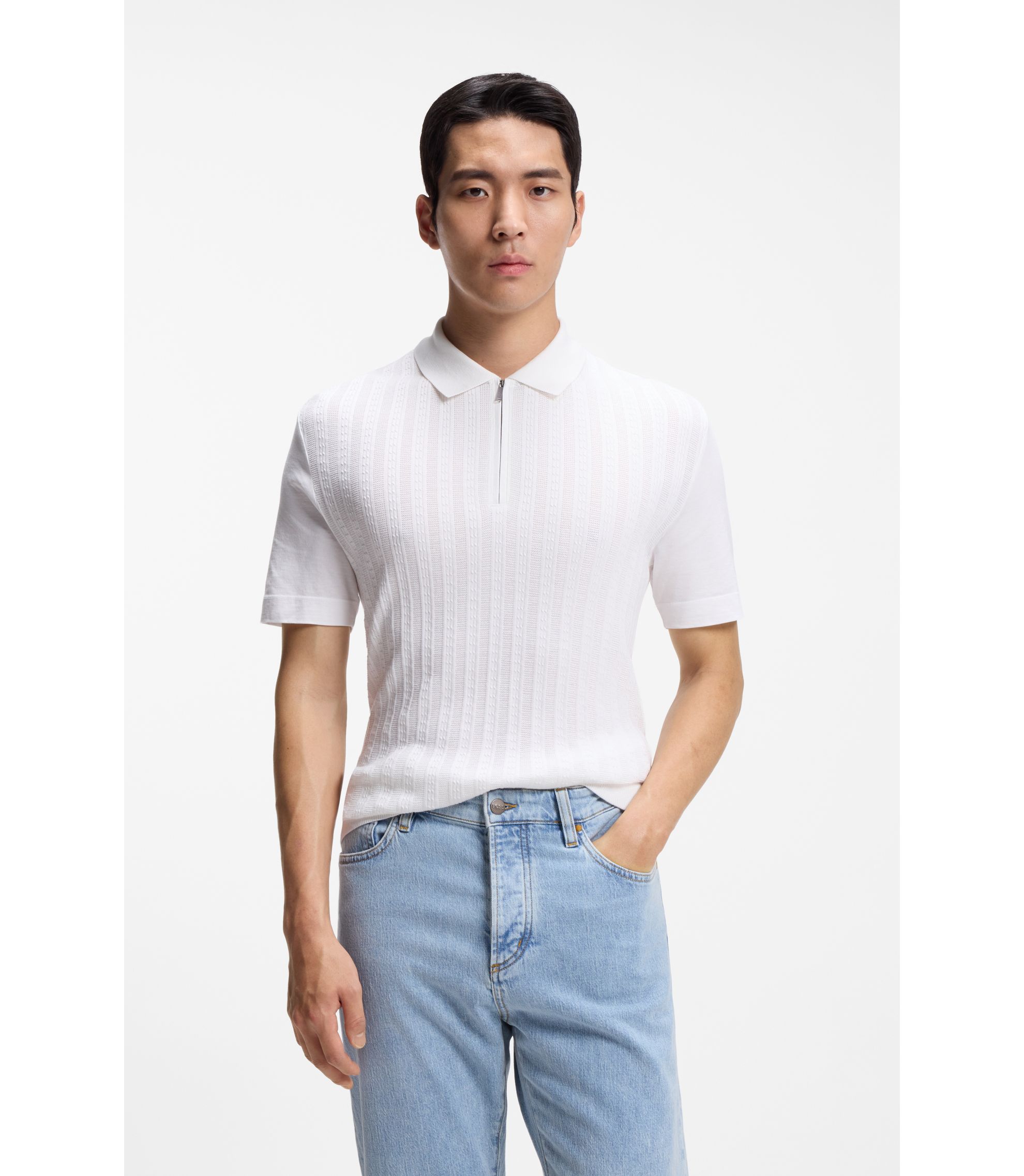 BOSS - Cotton-silk polo shirt with zip neck - White