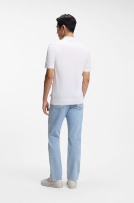 Cotton-silk polo shirt with zip neck, White