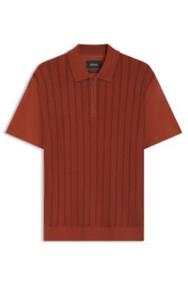Cotton-silk polo shirt with zip neck, Brown