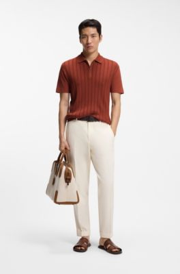 Polo &agrave; encolure zipp&eacute;e en coton et soie, Marron