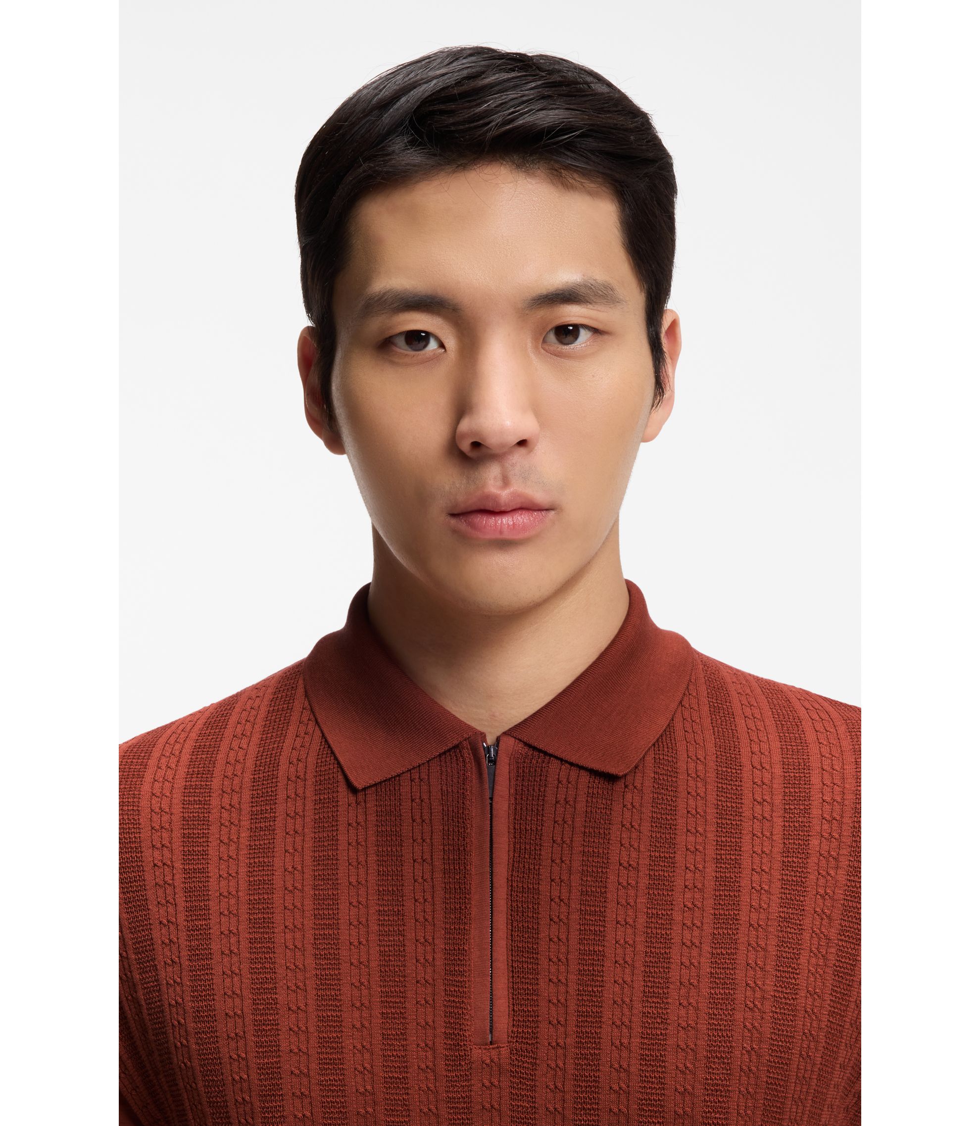 BOSS - Cotton-silk polo shirt with zip neck - Brown