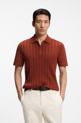 Cotton-silk polo shirt with zip neck, Brown