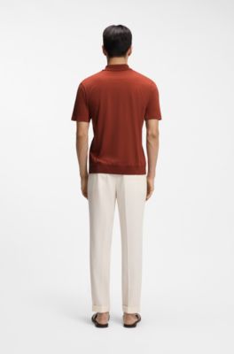 Cotton-silk polo shirt with zip neck, Brown