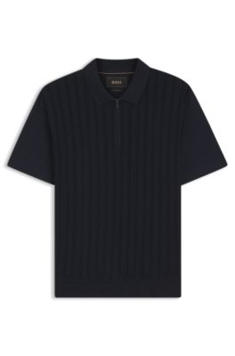 BOSS - Cotton-silk polo shirt with zip neck - Dark Blue