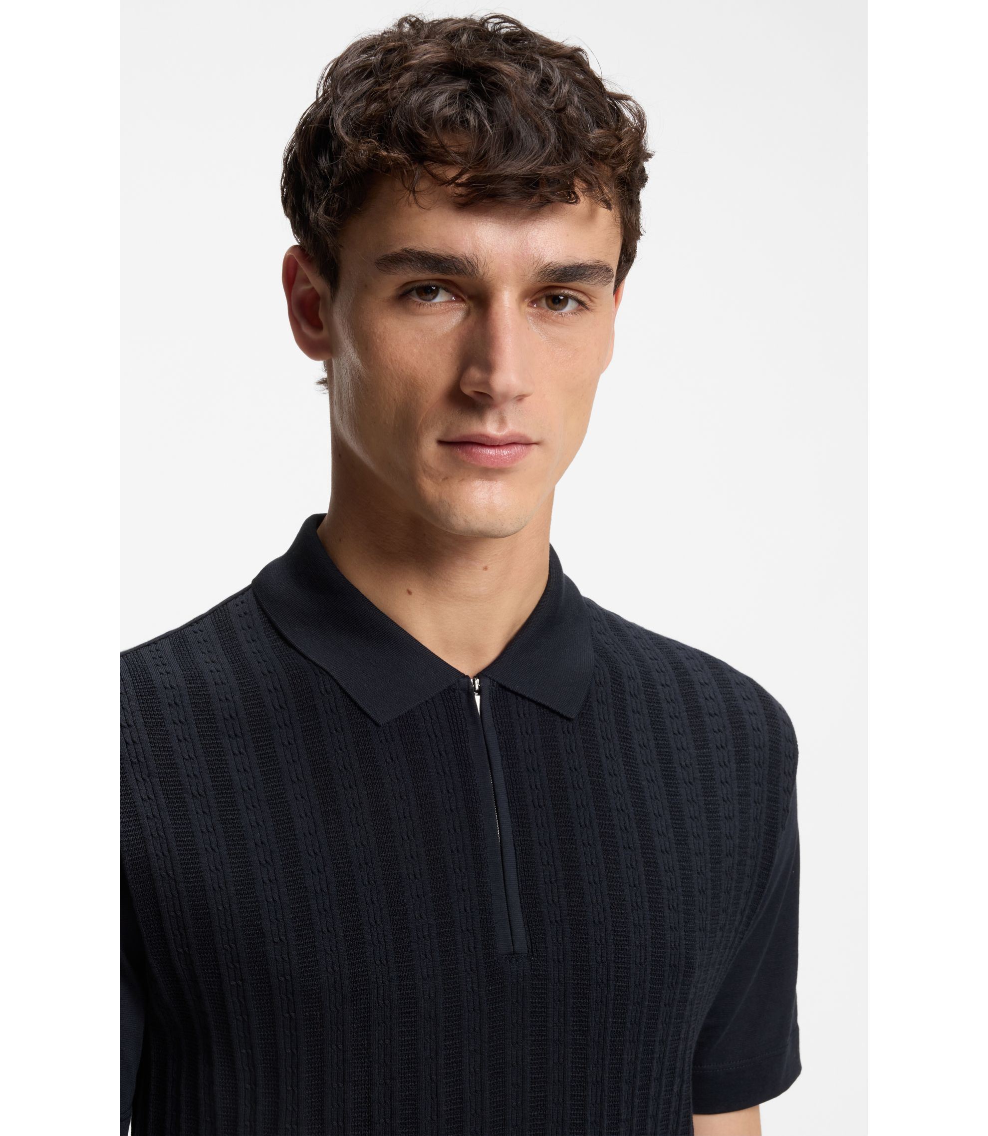 BOSS - Cotton-silk polo shirt with zip neck - Dark Blue
