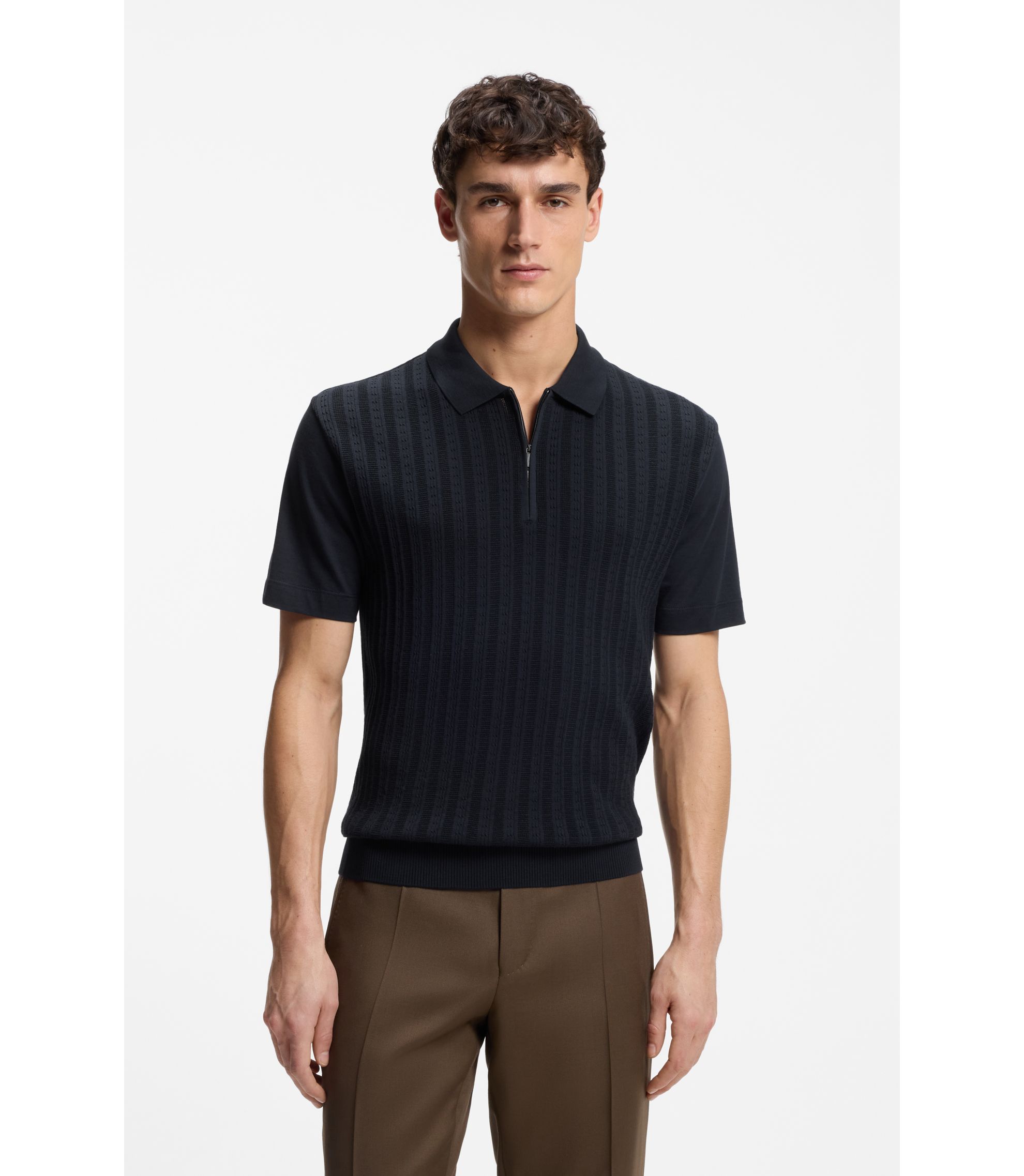 BOSS - Cotton-silk polo shirt with zip neck - Dark Blue