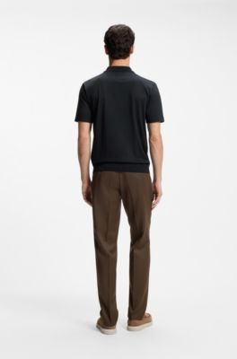 Cotton-silk polo shirt with zip neck, Dark Blue