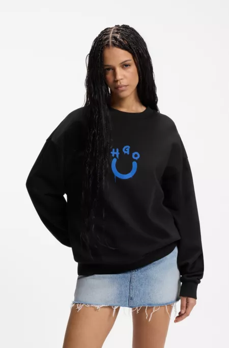 Cotton-terry sweatshirt with Happy HUGO