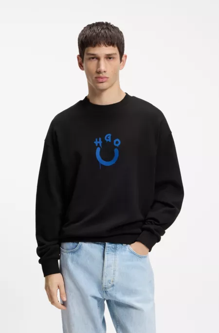Cotton-terry sweatshirt with Happy HUGO
