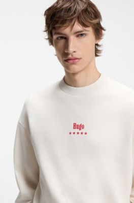 Cotton-terry sweatshirt with Happy HUGO, White