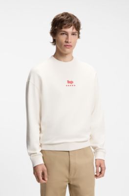 Cotton-terry sweatshirt with Happy HUGO, White