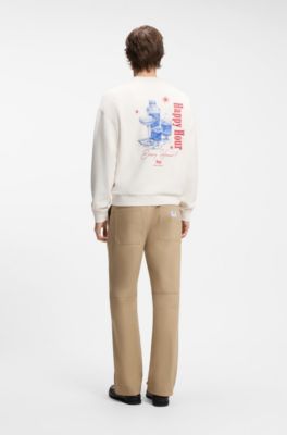 Cotton-terry sweatshirt with Happy HUGO, White