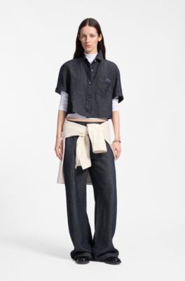 Regular-fit trousers in lightweight denim with drawstring waist, Dark Blue