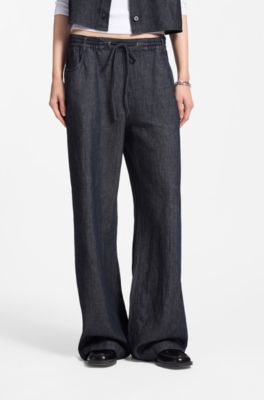 Pantalones regular fit en tejido vaquero ligero con cintura con cord&oacute;n, Azul oscuro