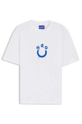 Cotton-jersey T-shirt with Happy HUGO logo, White