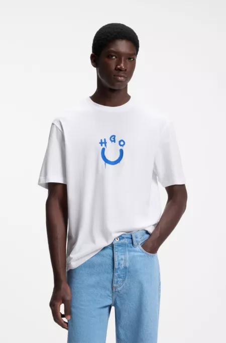 Cotton-jersey T-shirt with Happy HUGO logo