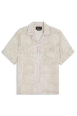 Chemise Regular en lin italien &agrave; imprim&eacute; palmiers, Beige