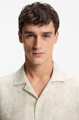 Regular-fit shirt in palm-print Italian linen, Beige