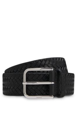 Pin-buckle belt in woven leather, Black