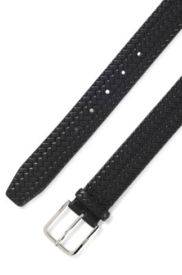 Pin-buckle belt in woven leather, Black