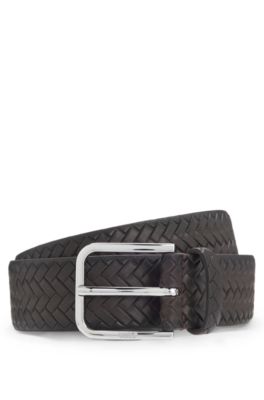 Pin-buckle belt in woven leather, Dark Brown