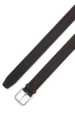 Pin-buckle belt in woven leather, Dark Brown