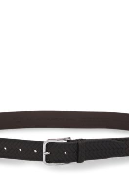 Pin-buckle belt in woven leather, Dark Brown