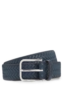 Pin-buckle belt in woven leather, Dark Blue