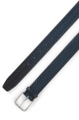Pin-buckle belt in woven leather, Dark Blue