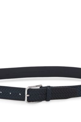 Pin-buckle belt in woven leather, Dark Blue