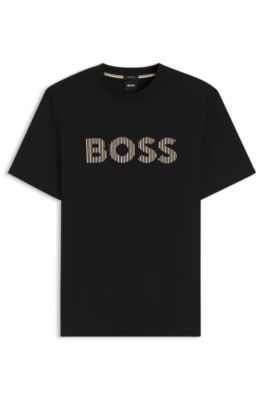 Camiseta de punto de algod&oacute;n con ilustraci&oacute;n a rayas, Negro