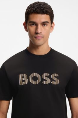 Camiseta de punto de algod&oacute;n con ilustraci&oacute;n a rayas, Negro