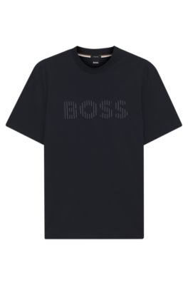BOSS - Stripe-artwork T-shirt in cotton jersey - Dark Blue