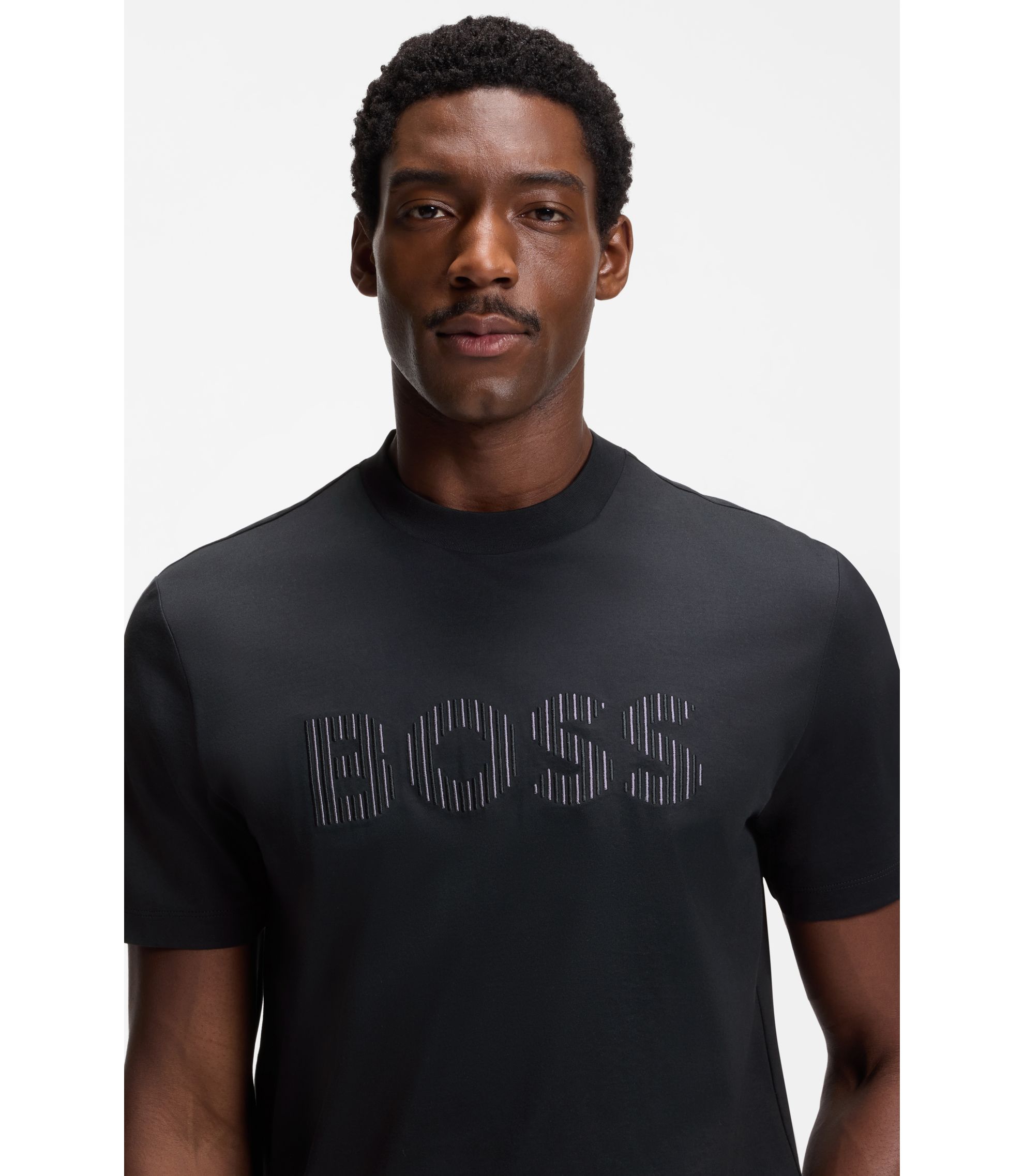 BOSS - Stripe-artwork T-shirt in cotton jersey - Dark Blue
