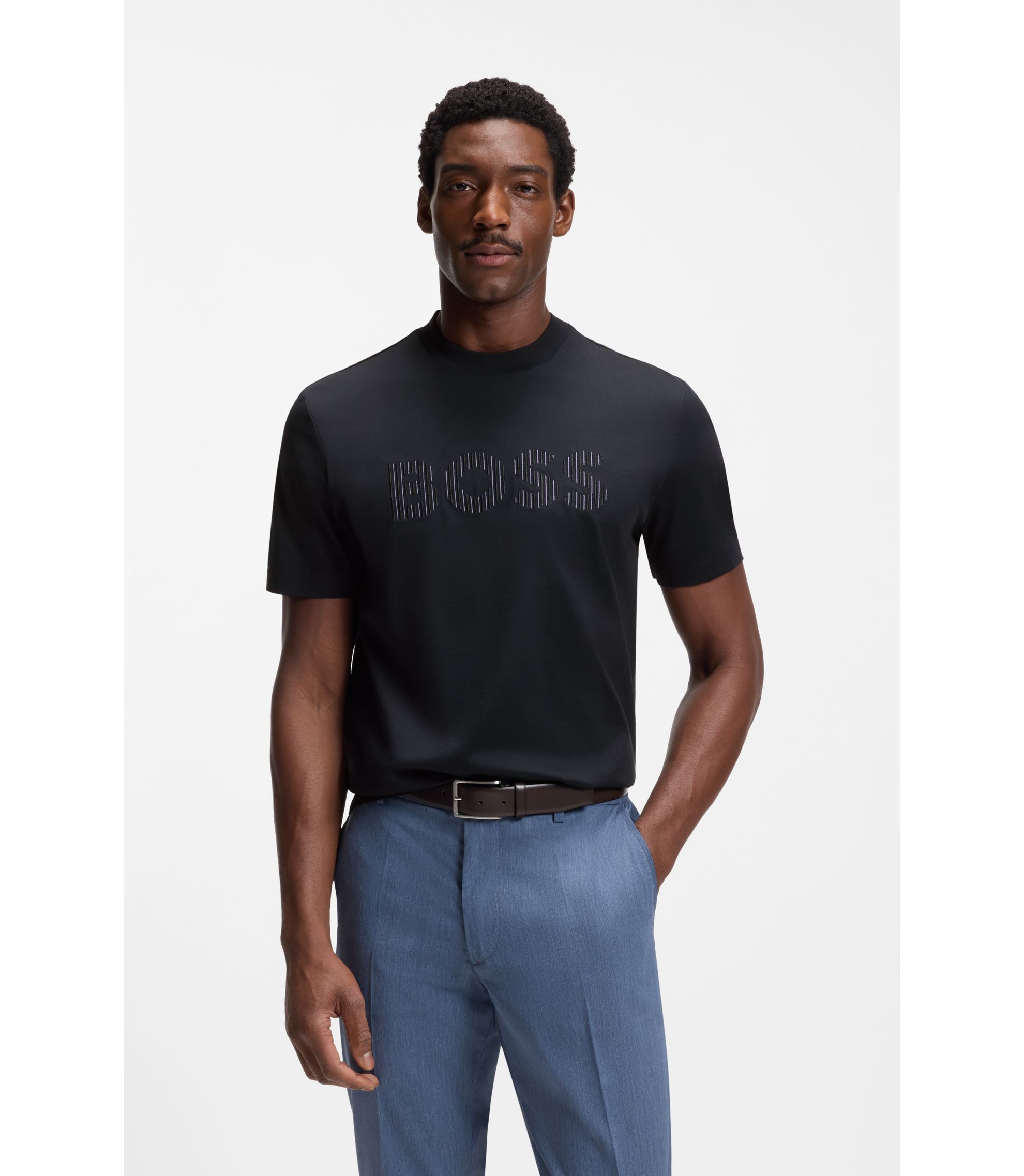 BOSS - Stripe-artwork T-shirt in cotton jersey - Dark Blue
