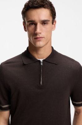 Zip-neck sweater in a linen blend, Dark Brown