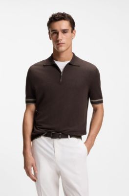 Zip-neck sweater in a linen blend, Dark Brown