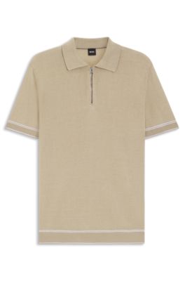 Zip-neck sweater in a linen blend, Light Beige