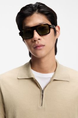 Zip-neck sweater in a linen blend, Light Beige