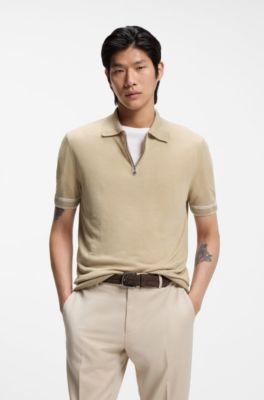 Zip-neck sweater in a linen blend, Light Beige