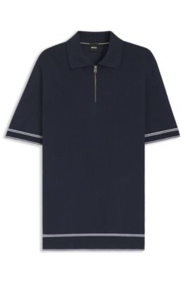 Zip-neck sweater in a linen blend, Dark Blue